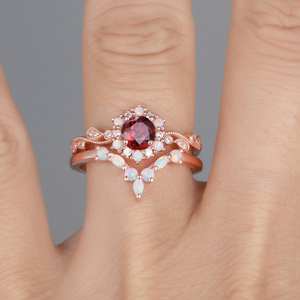 Garnet Opal CZ 925 Silver 14k Rose <b>Gold</b> Plated Engagement Ring Set Art Deco Stackable Bridal Ring - Product Image 6