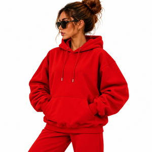 Sweat-shirt à capuche oversize en polaire rouge personnalisé pour femme avec imprimé lettres au dos, ensemble de survêtement décontracté streetwear automne - Product Image 5