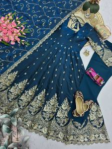 Teal Silk Anarkali <b>Suit</b> With Embroidered Dupatta Traditional Indian <b>Wedding</b> <b>Dress</b> <b>Women</b> Floor-Length Regular Fit - Product Image 4