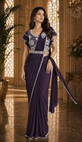 Sari morado listo para usar con blusa bordada, talla M, elegante, tradicional indio, para fiestas de verano/invierno, que absorbe la humedad, corte ajustado.