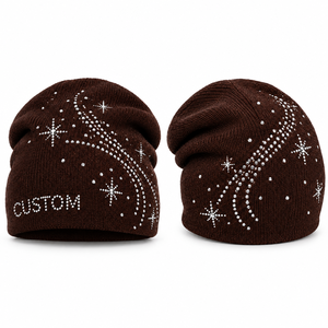 Custom Rhinestone Knit <b>Beanie</b> Women <b>Brown</b> Slouchy Winter Hat Sparkle Star Design Wholesale Fashion Streetwear Cap Bulk USA - Product Image 1