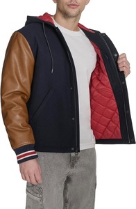 Chaqueta Varsity Azul Marino para Hombre con Mangas de Cuero Marrón, Cierre de Botones con Capucha, Letra C Bordada, Estilo Preppy de Invierno - Product Image 2