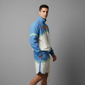 Conjunto de dos piezas de verano hecho a medida, 100% nailon, chaqueta y pantalones cortos deportivos, conjunto deportivo con bloques de color a la moda, cortavientos para hombre - Product Image 5