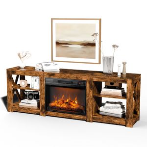 23-Inch Dual Sided Crossover <b>Design</b> Weathered Wood Fireplace <b>TV</b> Stand Embossed Particle Board Media Console MDF Wood Style 70" - Product Image 2