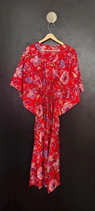 Traditional Hand-<b>Block</b> <b>Printed</b> Floral Cotton Kaftan Premium Breathable Eco-Friendly Fabric Natural Waist V-neck Midi - Product Image 5