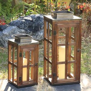 Outdoor Wooden <b>Lantern</b> <b>Set</b> Decorative Candle Holder <b>Lantern</b> with Glass Panels Rustic Garden and Patio Decor - Product Image 5