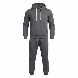 Ensemble de survêtement gris à capuche pour homme, couleur unie, décontracté, manches longues, pantalon à cordon de serrage, coupe régulière, 100 % coton, pour l'automne - Product Image 1