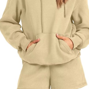 <b>Women's</b> <b>2</b> <b>Piece</b> Hoodie & Shorts Set Solid Color Fleece Casual Loose Fit Spring Winter Streetwear <b>Outfit</b> - Product Image 5