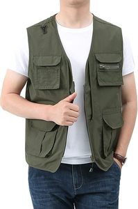 เสื้อกั๊กตกปลาผู้ชายสีเขียวมะกอก หลายกระเป๋า ซิปปิด แห้งเร็ว เสื้อกั๊กอเนกประสงค์กลางแจ้ง สีพื้น สไตล์ทหาร - Product Image 4