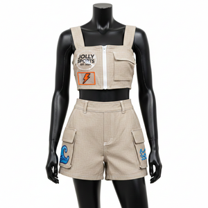 Traje de baño de mujer de alta calidad en poliéster y spandex color arena con paneles cargo, cremallera frontal y logo tejido. - Product Image 1