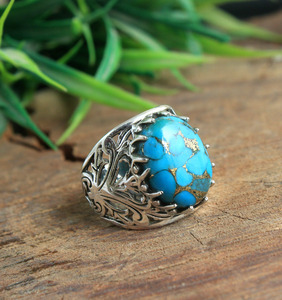 Natural <b>Turquoise</b> <b>Ring</b> 925 Sterling Silver Handmade Blue <b>Turquoise</b> Gold Matrix Statement <b>Ring</b> Vintage Filigree Boho Jewelry - Product Image 4