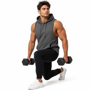 Men's Eco-Friendly 100% Cotton Sleeveless Gym <b>Hoodie</b> Muscle Fit Workout Pullover Athletic Training Hooded Tank Top Kangaroo - Product Image 4