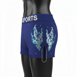 Shorts de mujer de lujo, suaves y elásticos, de poliéster y spandex, azules, con diseño de logotipo con pedrería Hotfix. - Product Image 3