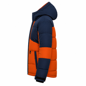 Chaqueta Acolchada Gruesa con Capucha para Hombre, Diseño Color Block, Cortavientos, Deportiva, Invierno, Corte Regular, Naranja y Azul Marino, Cierre de Cremallera, Bordado - Product Image 2