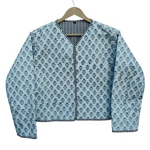 handmade cotton quilted jacket block print outerwear <b>lightweight</b> padded <b>coat</b> artisan crafted bohemian fashion unisex clothing - Product Image 2