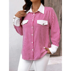 Camisa de Popelina de Alta Costura para Mujer, Formal, a Rayas, de Manga Larga, con Hombros Caídos, Cuello y Puños en Contraste, Botones Frontales y Bolsillo con Solapa en el Pecho - Product Image 4