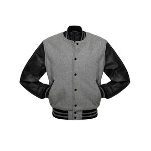 Blouson universitaire homme gris et noir 2026, corps en laine avec manches en cuir, style bomber baseball classique avec boutons-pression - Product Image 1