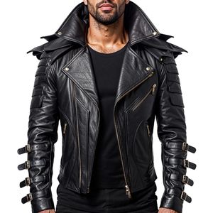 <b>Men's</b> Genuine Leather Biker <b>Jacket</b> Turn-down Collar Zipper Closure Slim Fit Motorcycle Coat Autumn Wear - Product Image 1