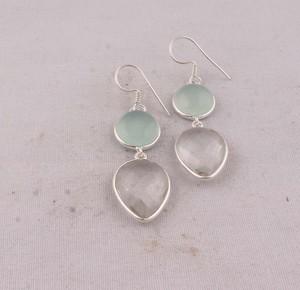 Boucles d'oreilles pendantes en Prehnite naturelle et Quartz cristallin, en argent sterling 925, pierres précieuses facettées, faites à la main, bijoux en gros - Product Image 1