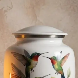 Urne commémorative de table, vase à cendres, motif floral et oiseaux, en aluminium, urne décorative pour la commémoration à domicile - Product Image 2