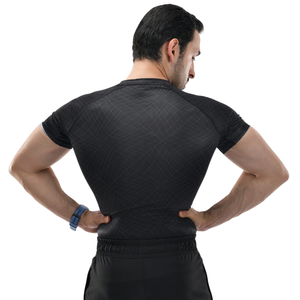 T-shirt de compression pour homme à motif diagonal fin, manches raglan courtes, col rond, séchage rapide, coupe ajustée, haut d'entraînement, fournisseur OEM en gros personnalisé - Product Image 6