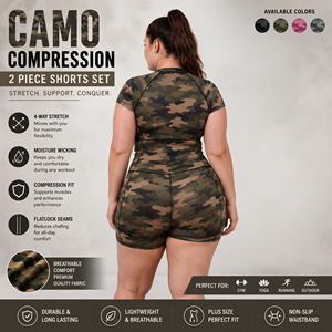 Ensemble de sport 2 pièces camouflage pour femme, grande taille, avec haut court à manches courtes et short de yoga - Product Image 3