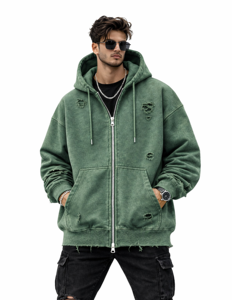 Sweat à capuche unisexe en polaire vert délavé et déchiré, coupe oversize, avec poches, 100 % coton, séchage rapide et anti-plis - Product Image 1