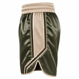 Unisex Green Satin/Nylon/<b>Polyester</b> Boxing Shorts with Beige Mesh Panel Elastic Waistband Seamless Fusing Quick Dry Regular Fit - Product Image 2