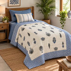 Edredón Reversible Ecológico de Algodón 100% con Estampado Clásico de Jaipur, Diseño Floral con Borde en Zigzag Azul, para Decoración del Hogar y Hoteles, Apto para Todas las Estaciones - Product Image 5