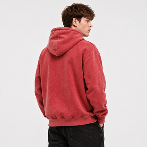 Sudadera con capucha y cremallera completa para hombre, de algodón grueso, con cordón, estampada, roja lavada, estilo casual de invierno, ecológica, para streetwear y chándal - Product Image 5