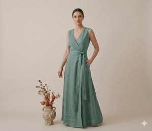 Robe d'été artisanale en lin tissé, col en V, sans manches, couleur unie, respirante, taille naturelle, style vintage, tenue décontractée - Product Image 2