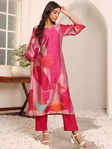 Pink Digital Printed Silk <b>Kurta</b> Set With Loose Fit Knee Length <b>Kurta</b> And Palazzo Pants For <b>Women</b> Casual Wear Summer Style - Product Image 4