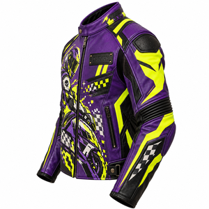 DARKRY Chaqueta de cuero morada para hombre con estampado amarillo neón, cuello alto, estilo motociclista, para carreras - Product Image 4