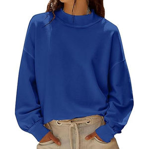 Pull court bleu cobalt pour femme à col montant, épaules tombantes, manches longues et taille unie, idéal pour le quotidien - Product Image 1