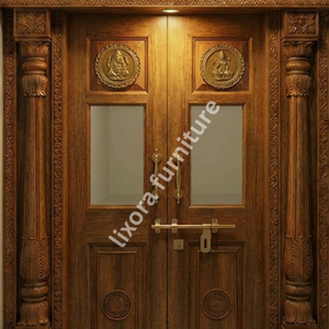 Puerta Doble de Madera Sólida Hecha a Mano para Sala de Pooja, con Tallado Ornamental de Templo, Acabado Premium, Decoración de Lujo - Product Image 2