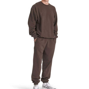 Ensemble de survêtement en coton marron pour homme, col rond, pantalon de jogging, couleur unie, coupe décontractée, vêtements d'automne, longueur intégrale avec poches latérales - Product Image 4