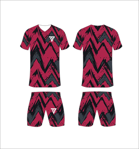 ชุดเสื้อฟุตบอลแบบซับลิเมชั่นสั่งทำพิเศษสำหรับผู้ชาย สีแดงเทาชาร์โคล ลายกราฟฟิกเชฟรอนสไตล์กรันจ์ ชุดฟุตบอลแห้งเร็ว - Product Image 1