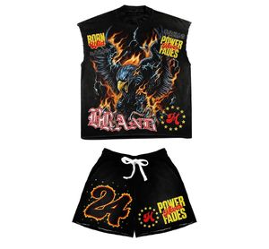 Men's Black Sleeveless T-<b>Shirt</b> And Shorts Set With Eagle <b>Flame</b> Print Power Never Fades Street Style Summer Wear - Product Image 1