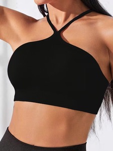 Women Criss Cross <b>Neck</b> Seamless Sports Crop Top Four Way Stretch Gym Training Bra Removable <b>Padded</b> Athleisure Apparel - Product Image 3