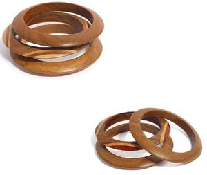 Handcrafted Sissoo & Teak <b>Wooden</b> <b>Bangle</b> Set Wax Polished Finish Hexagonal & Inlaid Designs Satin Polish Artisan Jewelry - Product Image 1