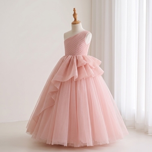 Vestido de Niña para Dama de Honor Celestique de Lujo, Rosa Rubor Sólido, Un Hombro, Corpiño Plisado, Lazo Grande, Tul, Largo hasta el Suelo, Satén - Product Image 2
