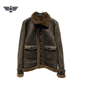 Blouson aviateur en cuir véritable pour homme, doublure en fausse fourrure, col rabattable, simple boutonnage, imperméable, à capuche, pour l'hiver - Product Image 1