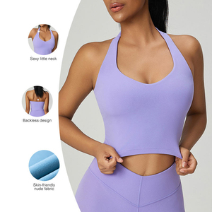 Sujetador deportivo de punto transpirable con cuello en U y tirantes halter para mujer, con almohadillas extraíbles y copa completa, ideal para yoga, fitness y gimnasio. - Product Image 5