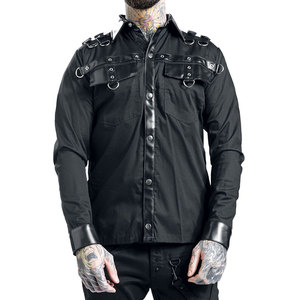 Top Sell Gothic Punk Long Sleeve Cotton Shirt Rockwear with Faux Leather Trim D-Rings and Shoulder Buckle Straps - Product Image 3