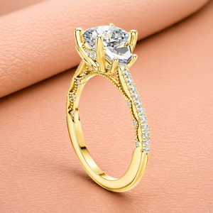 Bague de fiançailles de luxe en or jaune avec moissanite taille coussin, bande pavée de diamants et halo caché, bijoux de mariée pour femme - Product Image 3