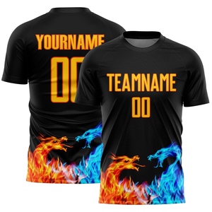 ขายส่งโดยตรงจาก OMMIZ INDUSTRY ชุดฟุตบอลแบบ sublimation สีดำ-เหลือง-ส้ม ลายเปลวไฟมังกร แบบสั่งทำ - Product Image 1