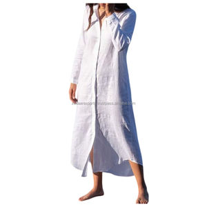Robe tunique longue en lin gris pour femmes, boutonnée, décontractée, style vacances d'été, style resort, taille naturelle, tissée, motif uni - Product Image 6