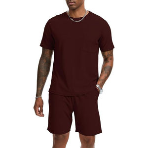 Men's Burgundy Cotton T-Shirt and Shorts Set Crew Neck Short Sleeve Solid Color Casual Summer Wear Breathable Knitted <b>Fabric</b> - Product Image 2