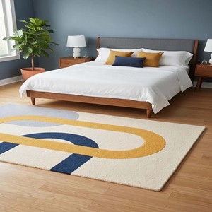 Tapis en laine tufté à la main de luxe, tapis moderne abstrait, tapis douillet, tapis doux pour salon et chambre, bleu, moutarde, crème, décoration nordique - Product Image 3