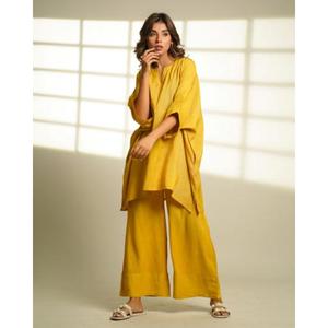 High Quality Yellow Cotton A-Line <b>Tunic</b> Dress Cap Sleeve Ankle-Length Simple Style Natural Waist Breathable Anti-static V-neck - Product Image 2